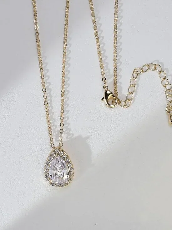 Cubic Zirconia Teardrop Earrings Necklace Bracelet Jewelry Set For Bride Bridesm - Picture 6 of 9